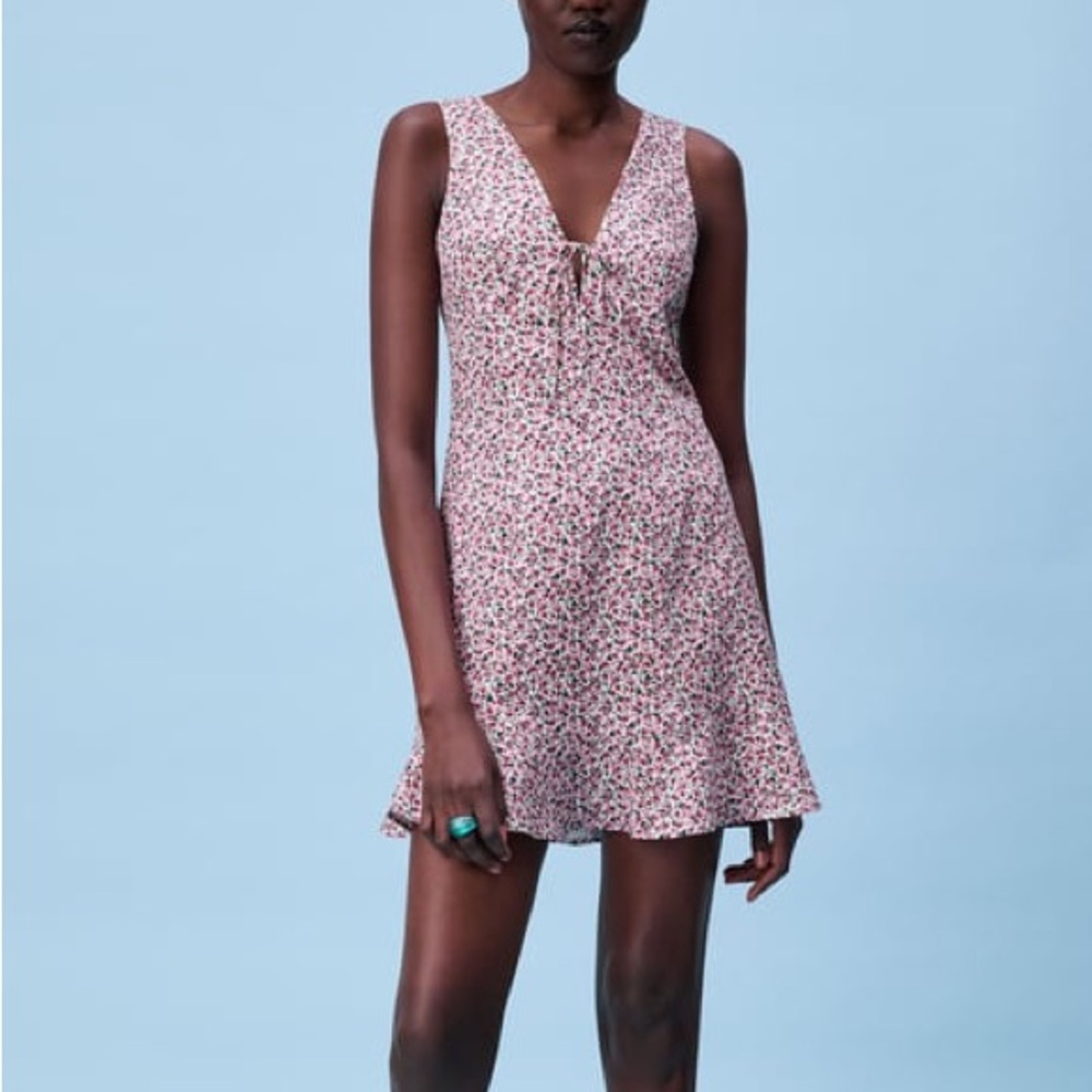 ZARA LINEN BLEND PRINT DRESS PINK & WHITE